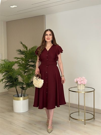 Kolları Volanlı Kemerli Elbise Bordo