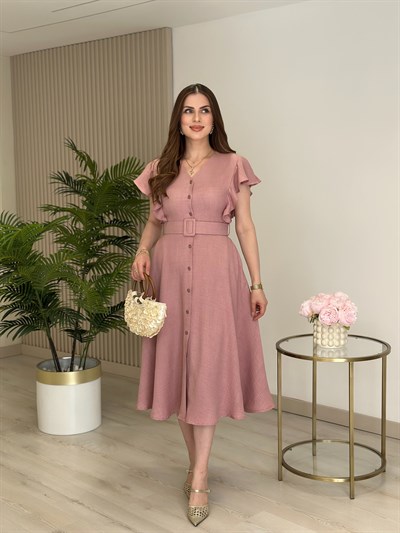 Kolları Volanlı Kemerli Elbise Gül Kurusu