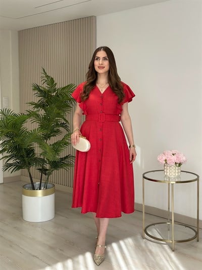 Kolları Volanlı Kemerli Elbise Kırmızı
