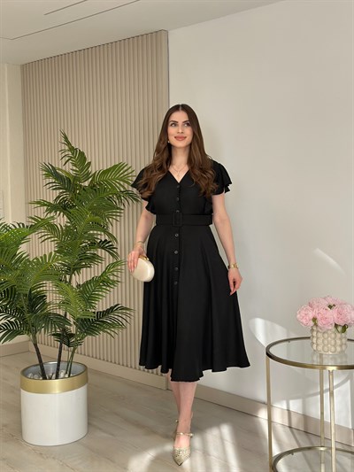 Kolları Volanlı Kemerli Elbise Siyah
