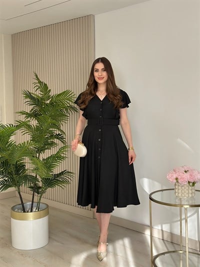 Kolları Volanlı Kemerli Elbise Siyah