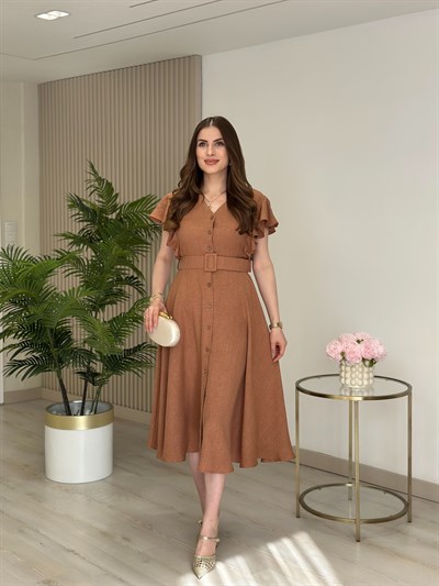 Kolları Volanlı Kemerli Elbise Soğan Kabuğu