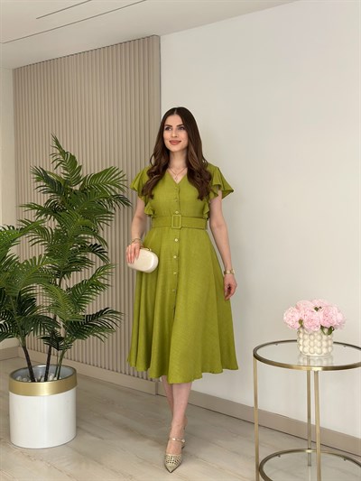 Kolları Volanlı Kemerli Elbise Yağ Yeşili