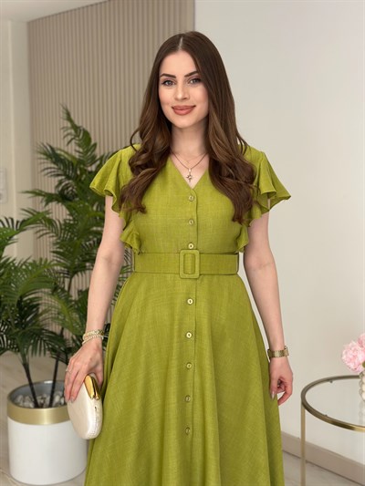 Kolları Volanlı Kemerli Elbise Yağ Yeşili