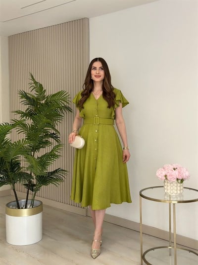 Kolları Volanlı Kemerli Elbise Yağ Yeşili