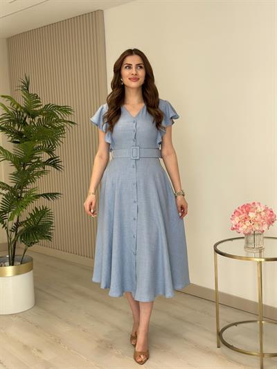 Kolları Volanlı Kemerli Gömlek Elbise Bebe Mavi
