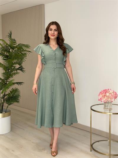 Kolları Volanlı Kemerli Gömlek Elbise Mint Yeşil
