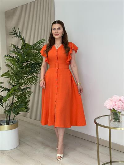 Kolları Volanlı Kemerli Gömlek Elbise Turuncu