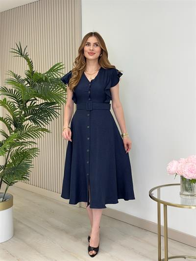 Kolları Volanlı Kemerli Gömlek Elbise Lacivert