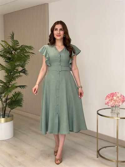 Kolları Volanlı Kemerli Gömlek Elbise Mint Yeşil