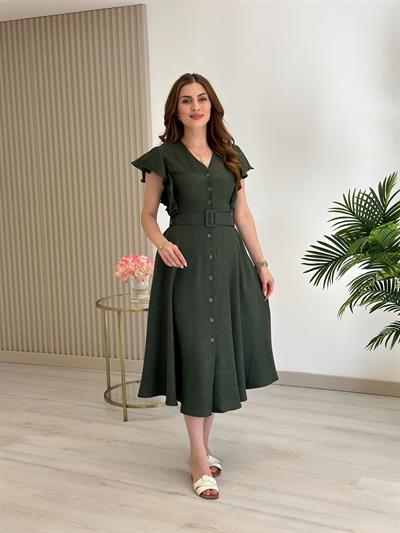 Kolları Volanlı Kemerli Gömlek Elbise Zümrüt Yeşil