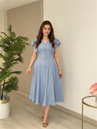 Kolları Volanlı Kemerli Gömlek Elbise Bebe Mavi