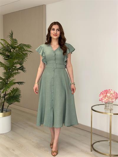 Kolları Volanlı Kemerli Gömlek Elbise Mint Yeşil