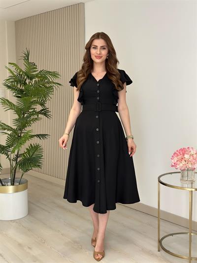 Kolları Volanlı Kemerli Gömlek Elbise Siyah
