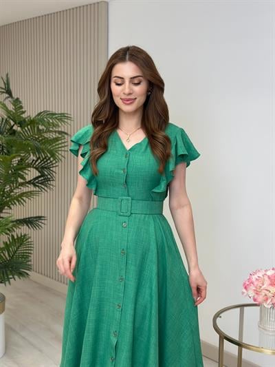 Kolları Volanlı Kemerli Gömlek Elbise Yeşil