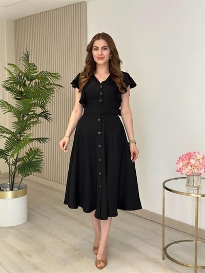 Kolları Volanlı Kemerli Gömlek Elbise Siyah
