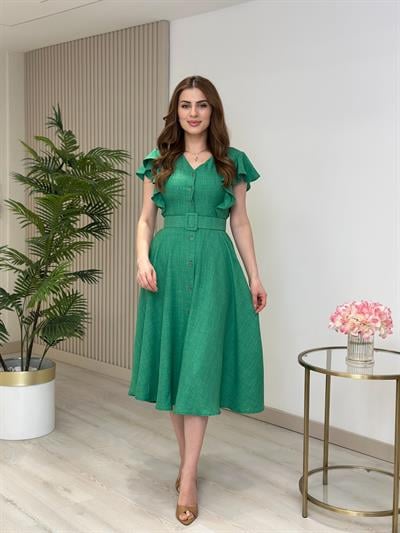 Kolları Volanlı Kemerli Gömlek Elbise Yeşil