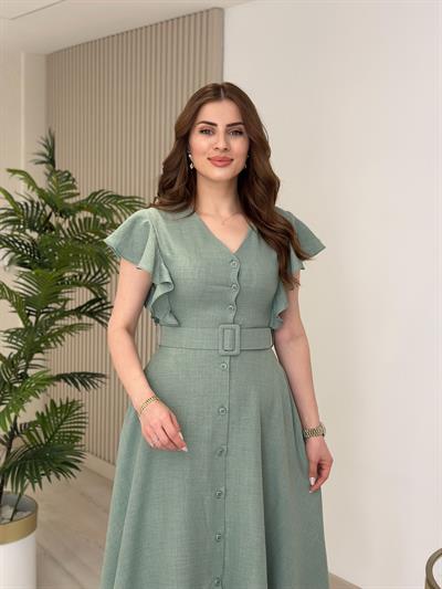 Kolları Volanlı Kemerli Gömlek Elbise Mint Yeşil