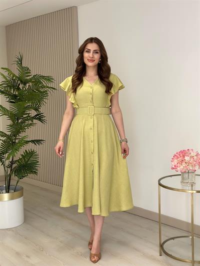 Kolları Volanlı Kemerli Gömlek Elbise Yağ Yeşili