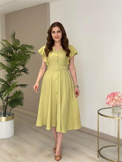 Kolları Volanlı Kemerli Gömlek Elbise Yağ Yeşili