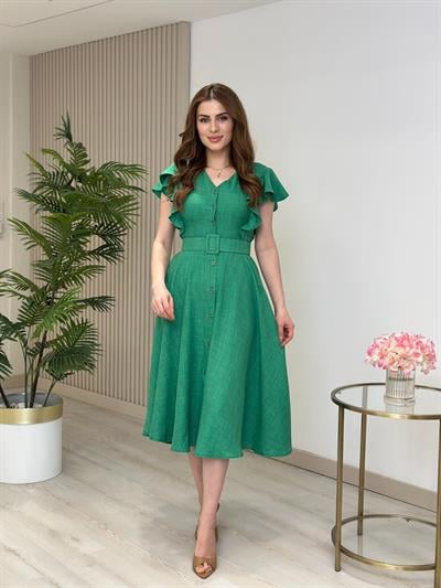 Kolları Volanlı Kemerli Gömlek Elbise Yeşil