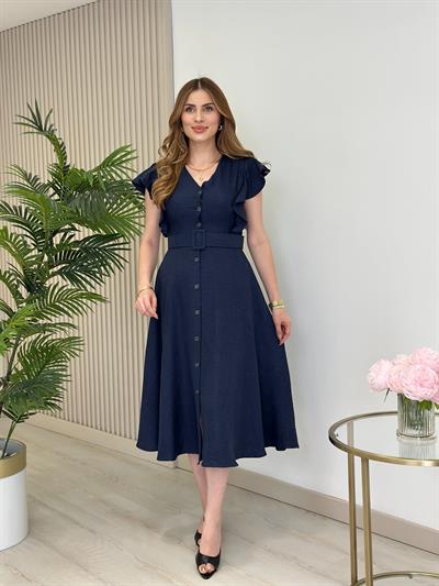 Kolları Volanlı Kemerli Gömlek Elbise Lacivert