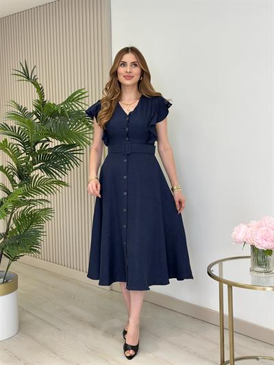 Kolları Volanlı Kemerli Gömlek Elbise Lacivert