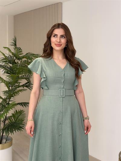 Kolları Volanlı Kemerli Gömlek Elbise Mint Yeşil