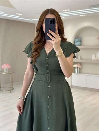 Kolları Volanlı Kemerli Gömlek Elbise Zümrüt Yeşil