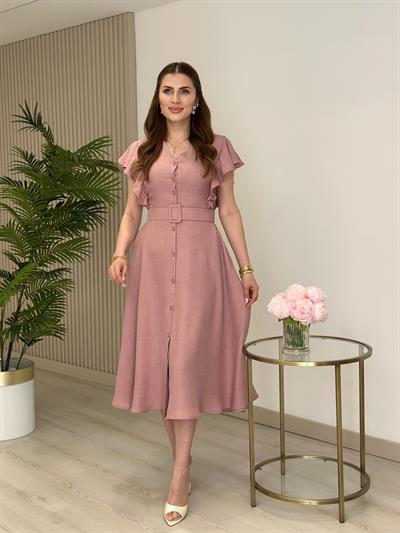 Kolları Volanlı Kemerli Gömlek Elbise Gül Kurusu