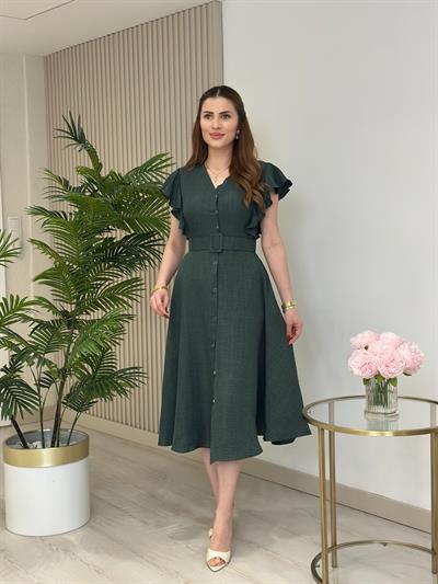 Kolları Volanlı Kemerli Gömlek Elbise Çam Yeşili 