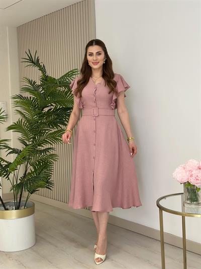 Kolları Volanlı Kemerli Gömlek Elbise Gül Kurusu