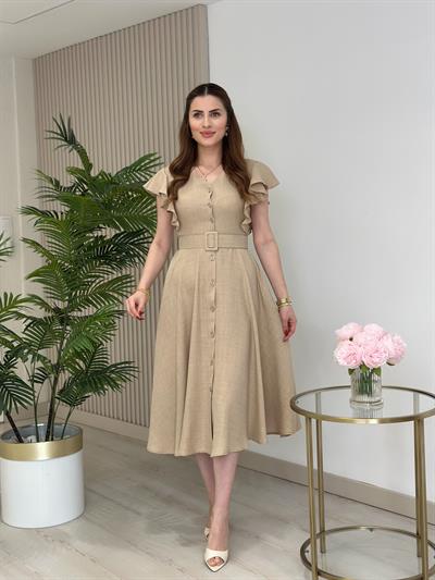 Kolları Volanlı Kemerli Gömlek Elbise Toprak