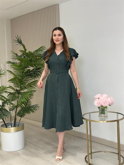 Kolları Volanlı Kemerli Gömlek Elbise Çam Yeşili 