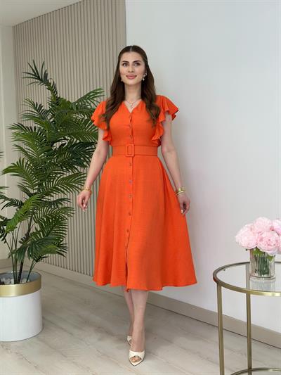 Kolları Volanlı Kemerli Gömlek Elbise Turuncu