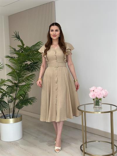 Kolları Volanlı Kemerli Gömlek Elbise Toprak