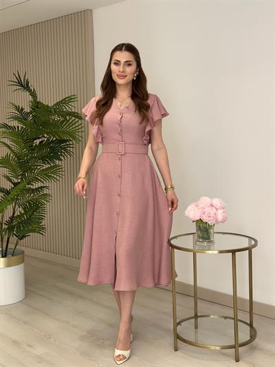 Kolları Volanlı Kemerli Gömlek Elbise Gül Kurusu