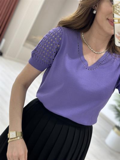 Kolları Yakası Ajurlu Rahat Kalıp Triko Bluz Lila