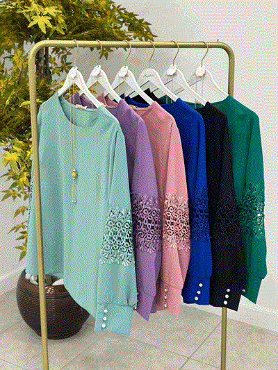 Kolu Güpür Detaylı Büyük Beden Bluz Mor