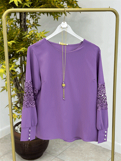 Kolu Güpür Detaylı Büyük Beden Bluz Mor