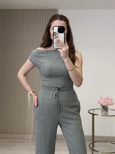 Krinkıl Kumaş Tek Omzu Dekolteli Takım Mint