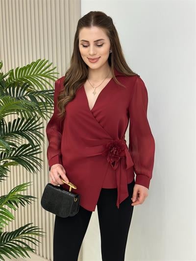Kruvaze Gül Broşlu Kolları Şifon Detaylı Bluz Bordo