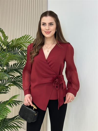 Kruvaze Gül Broşlu Kolları Şifon Detaylı Bluz Bordo