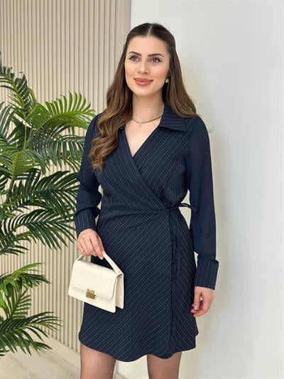 Kruvaze Şifon Kol Çizgili Elbise Lacivert