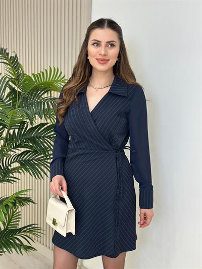 Kruvaze Şifon Kol Çizgili Elbise Lacivert