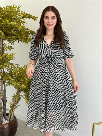 Kruvaze Siyah Beyaz Desenli Beli Lastikli Elbise