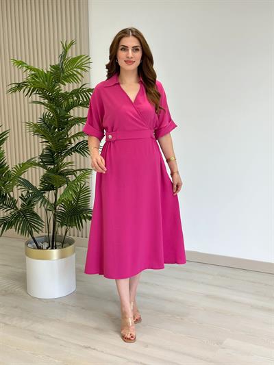 Kruvaze Yaka Beli Düğme Detaylı Elbise Fuşya
