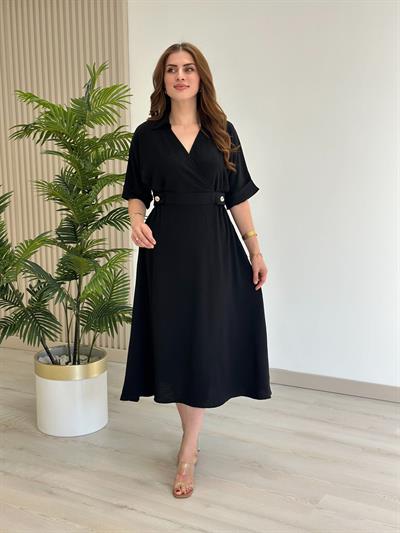 Kruvaze Yaka Beli Düğme Detaylı Elbise Siyah