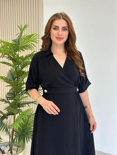 Kruvaze Yaka Beli Düğme Detaylı Elbise Siyah