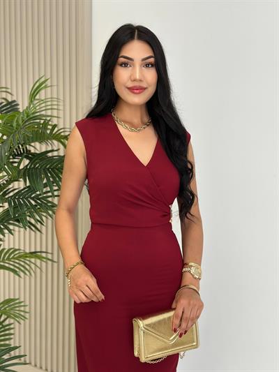 Kruvaze Yaka Beli Gold Detaylı Atlas Kumaş Elbise Bordo